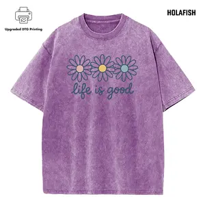 [Upgraded] Holafish Acid Wash Cotton T-Shirt with Daisy Print Drop Shoulder Design for Vintage Streetwear Unisex Baggy Hip Hop Style Acid Washed Graphic Tee