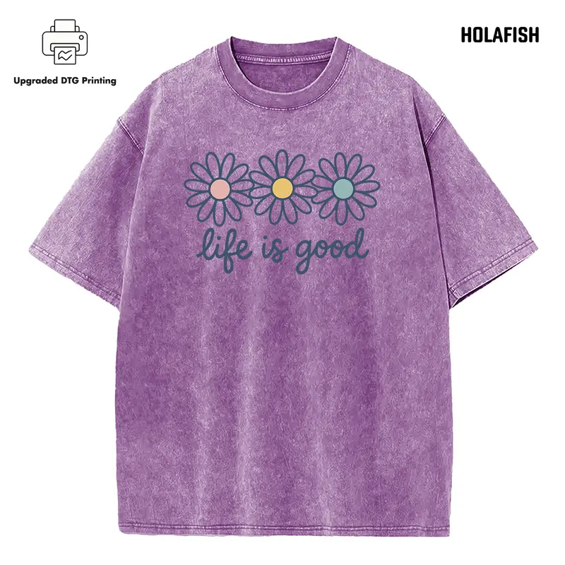 [Upgraded] Holafish Acid Wash Cotton T-Shirt with Daisy Print Drop Shoulder Design for Vintage Streetwear Unisex Baggy Hip Hop Style Acid Washed Graphic Tee Back to School Outfits, Shortsleeve, Casual, Festive