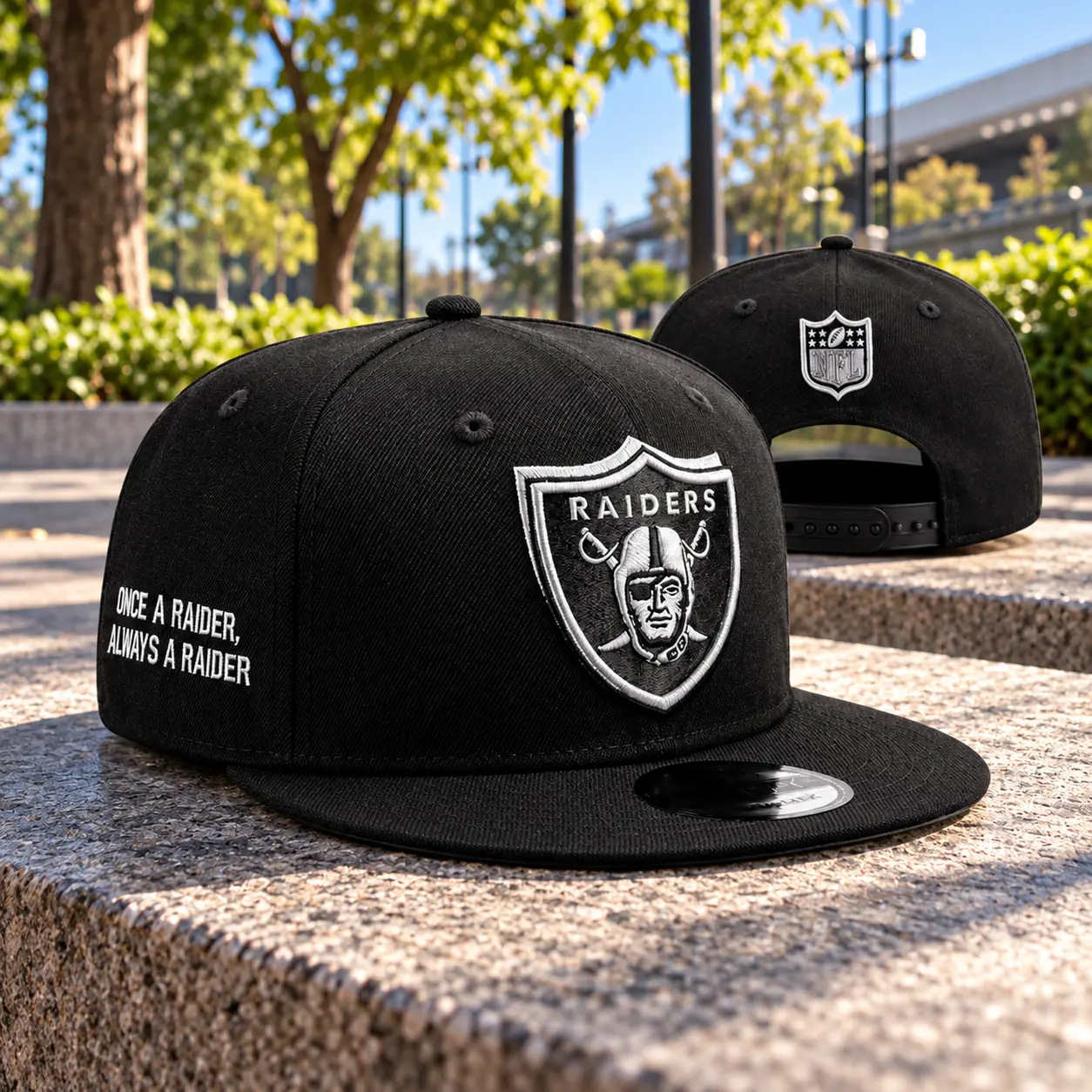 Las Vegas Raiders 9FIFTY Snapback Hat - Black Embroidered Logo, NFL Football Fan Cap, Adjustable Flat Brim Streetwear Sports Collectible Headwear
