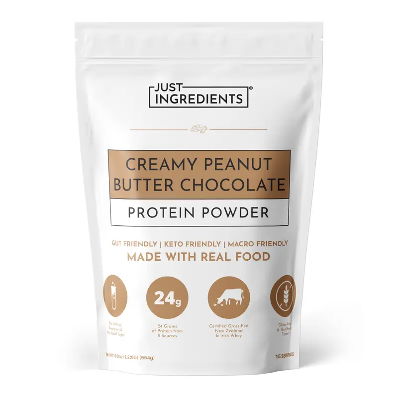 Just Ingredients Creamy Peanut Butter Chocolate Protein Powder - 15 Servings - Supports Muscle Recovery & Energy* - Grass-Fed Whey & Plant Proteins - 24g of Protein Per Serving - Gluten-Free - Made with Real Food - No Sugar Added
