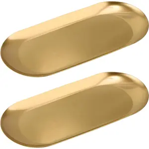 Gold Decorative Jewelry Tray - 2PCS Stainless Steel Oval Trinket Ring Holder Dish, 7” Small Bathroom Vanity Kitchen Jewelry Plate Tray Decor for Storing Perfumes, Cosmetics, Candles, Key
