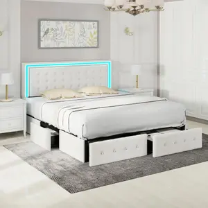Full Size Led Bed Frame with 4 Storage Drawers, Smart Control RGB LED Lights on Headboard, With Remote Control, Upholstered Adjustable Headbaord, Velvet-B2727P253259