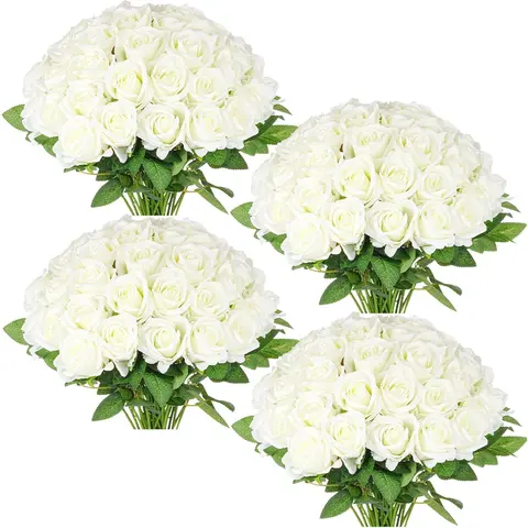48-Count Pack Realistic Silk Fake Flower Bouquet (48 Roses) with Stems, Valentine’s Day Bouquet Flowers, Home Decor Greenery Vase Arrangement Supplies, DIY Gift for Mom, Casual Carnival Decor