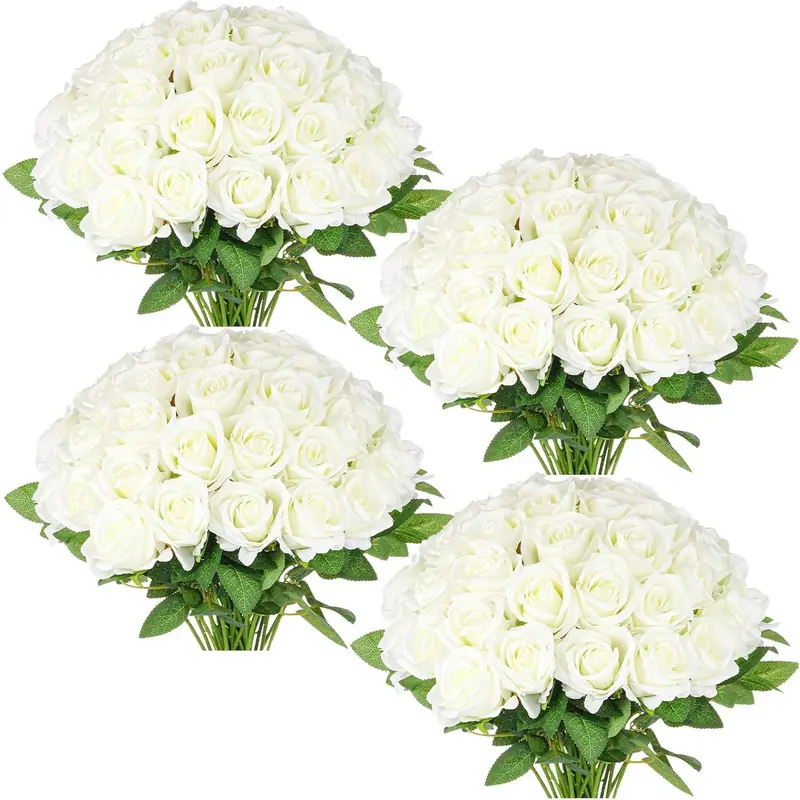 48-Count Pack Realistic Silk Fake Flower Bouquet (48 Roses) with Stems, Valentine’s Day Bouquet Flowers, Home Decor Greenery Vase Arrangement Supplies, DIY Gift for Mom, Casual Carnival Decor
