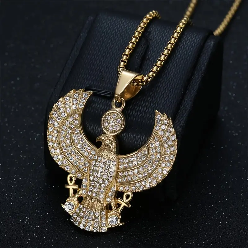 MaxBling81 Iced Out Egyptian Horus Bird Necklace, Unisex Stainless Steel Cubic Zirconia Pendant (50mm) with 24" Long Rolo Chain, Cubic Zirconia Necklaces, Gold & Silver Set, Chain & Link, Iced Out Cubic Zirconia Pendant