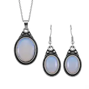 Opalite 110.00 ctw Earrings and Pendant in Silvertone with Stainless Steel Necklace 20 Inches Christmas Gifts