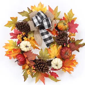 Garvee 20 inch Harvest Festival Wreath for Front Door with Pine Cones Berries Black and White Plaid Ribbon Maple Leaves for Autumn Indoor Outdoor Window Wall Home Decor, Thanksgiving Fall Wreath