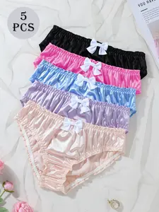 5pcs Women's Panties Set, Satin Shiny Fabric, Cute Comfortable Medium Waist Underwear with Ruffle Design and Big Bow, Everyday All Seasons Wear, Natural Waist Panty