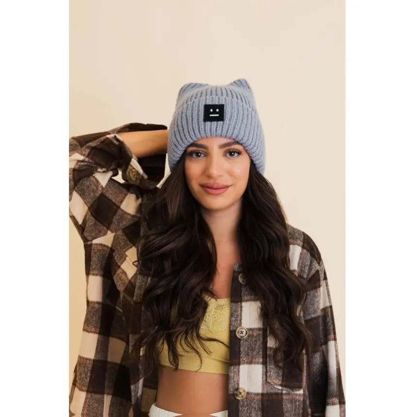 Chill Vibes Soft Ribbed Square Top Beanie - Cozy Knit Hat with Minimal Face Patch for Winter Style