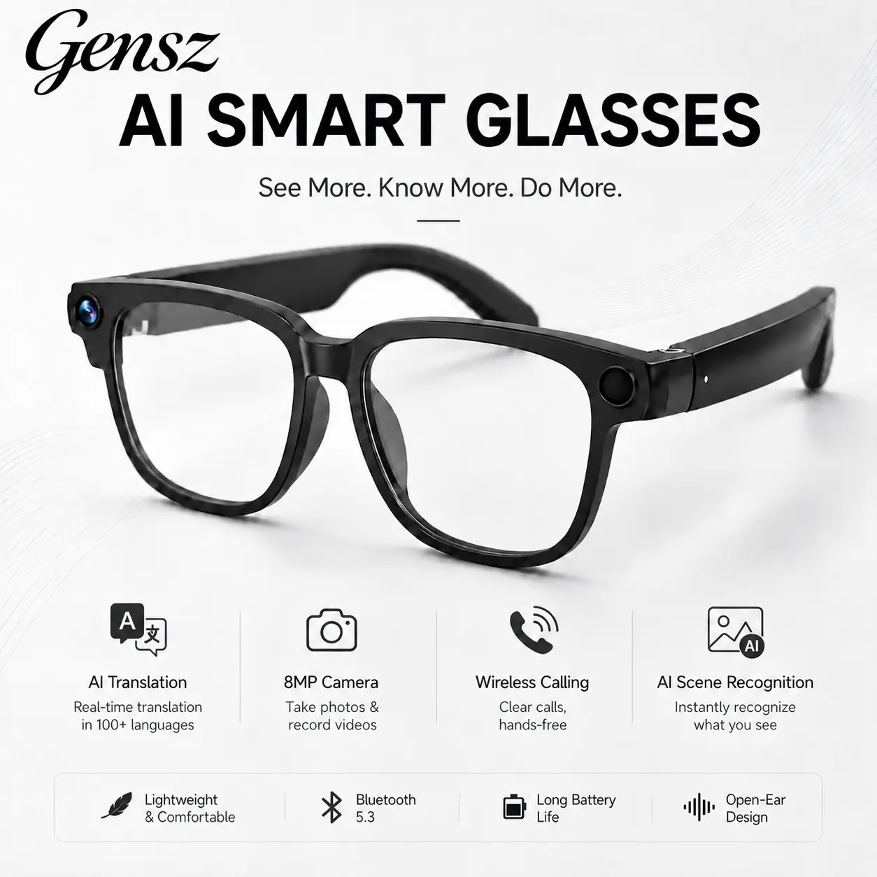Gensz AI-Enabled Portable Smart Glasses with 1080pCamera , HD Video Recording, Bluetooth Audio,  Hands-Free Photo Capture, 160+ Languages Real-Time Translation, Rectangle Frame, Unisex POV for outdoor & Vlogging Phone,Mens Birthday Gifts for Him,techvibes