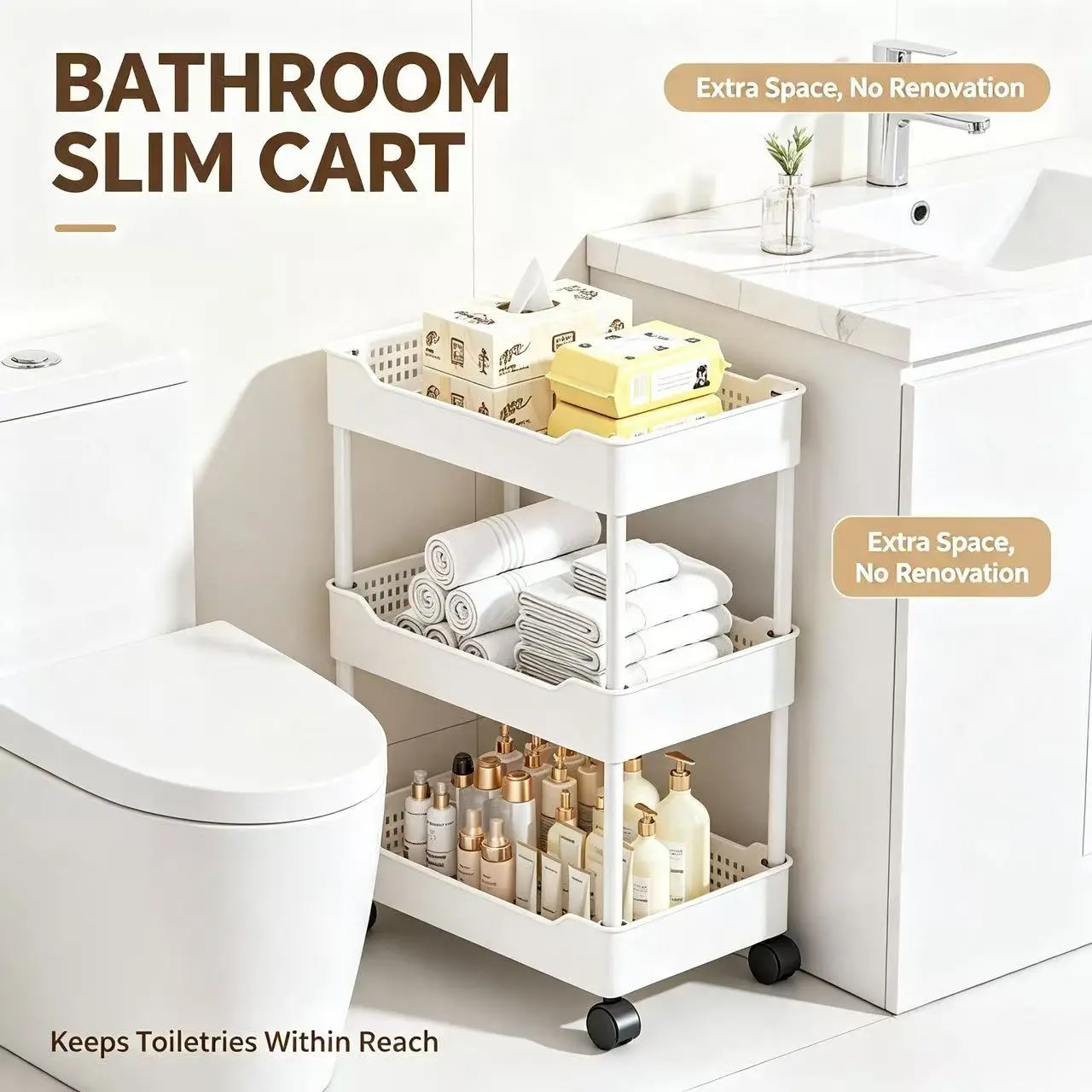 3-4 Tier Slim Rolling Storage Cart, Black White Mobile Utility Organizer with 360° Silent Wheels, No-Drill Gap-Saving Trolley, Multifunctional Shelf for Bathroom, Kitchen, Hold Toiletries, Spices, Household Supplies