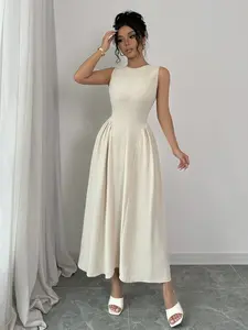 Women's Elegant Sleeveless Fit-and-Flare Midi Dress Crew Neck Zip-Back A-Line Dress with Pleated Waist Perfect for Work Events and Daily Wear Machine Washable