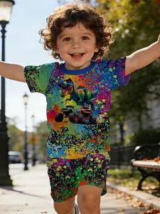 Ink-splatter Tyrannosaurus Rex set, dinosaur stepping on bigfoot T-shirt digital printing infant short-sleeve set, children's clothing, Clothes Kids, suitable for daily and outdoor activities, T-shirt 100% polyester, perfect gift