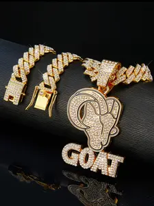 1set Hip-hop Fashion Goat OX Head Shape Charm Pendant Necklaces Personality Animal Goat Letter Men's Hip Hop Pendant Men's Iced Out GOAT Inspire Champion Pendant Chain Necklace Big Heavy Rock Punk Necklace Iced Out Chains