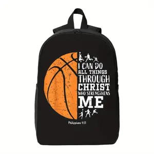 Best Trendy Christian Basketball Backpack - Lightweight Polyester School Bag with Adjustable Straps, Inspirational "I Can Do All Things Through Christ Who Strengthens Me" Print, Black with Orange Basketball Design, Casual Style for Students Supplies