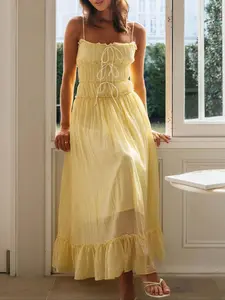 Women's Contrast Binding Frill Trim Tie Front Cami Dress, Elegant Ruffle Hem Long Dress for Summer, Ladies Clothes for Beach Holiday, Womenswear