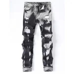 Men's Ripped Tie Dye Denim, Distressed Streetwear Denim Bottoms