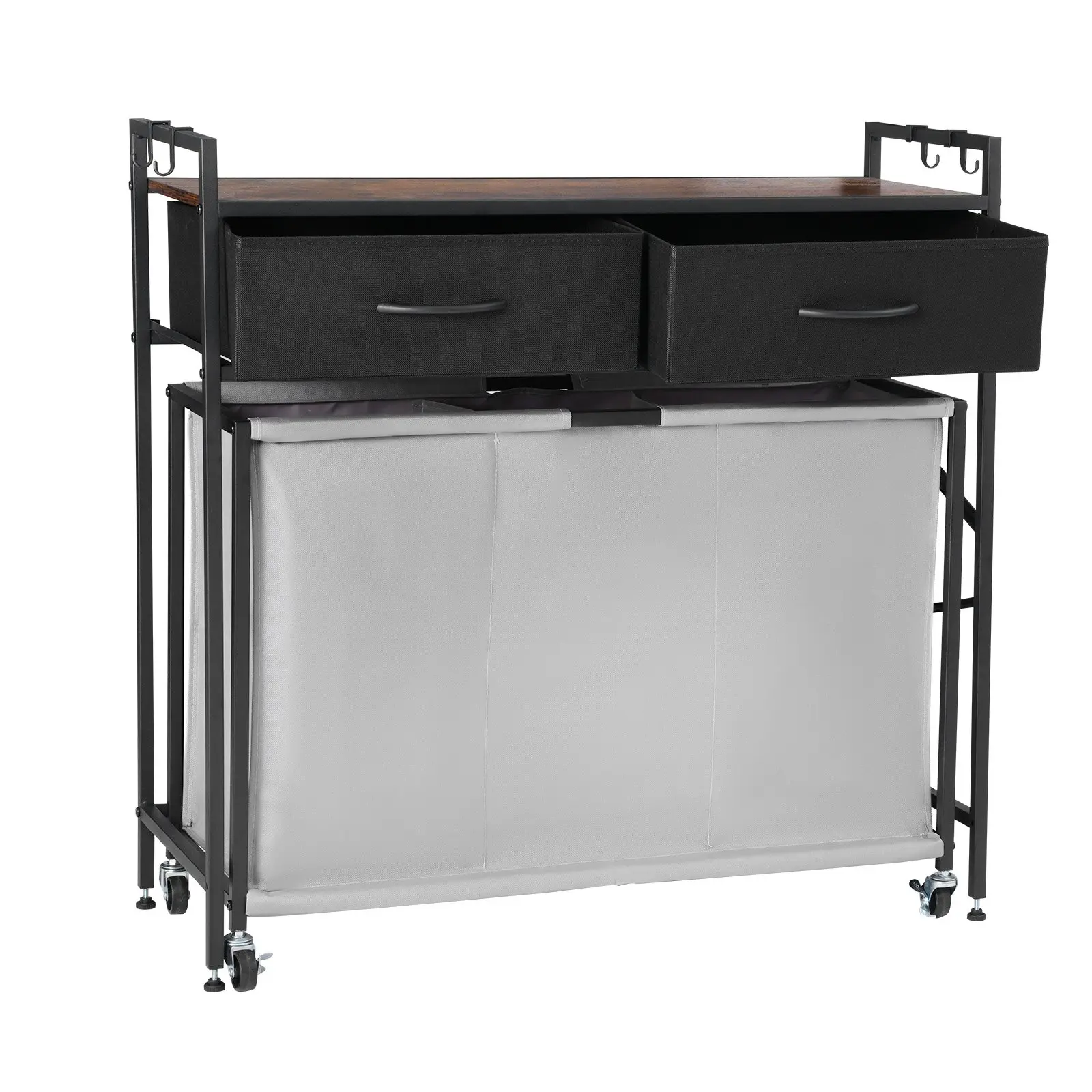 VEVOR Carbon Steel Laundry Bin Sorter, 3 Sections with 2 Drawers Portable Storage Basket, Lockable Wheels Rolling Base Organizer with Hooks, Pull-Out Rolling Bags, Wooden Tabletop for Bathroom Dirty Clothes Storage, Wheeled Laundry Basket