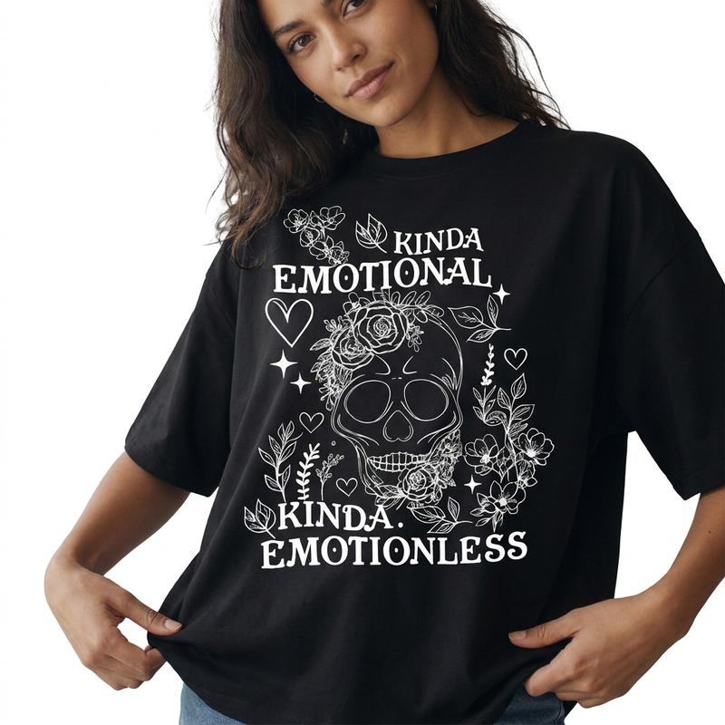 Kinda Emotional Skull Floral Women 100% Cotton Tee Boho Sarcastic Graphic T-Shirt