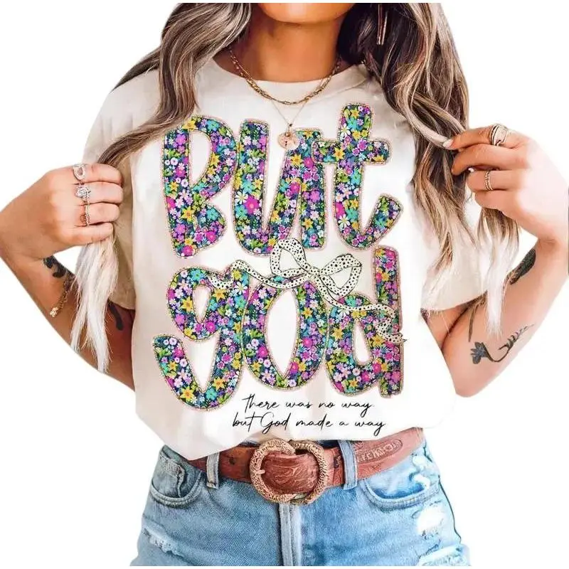 Women's 'But God' Floral Graphic T-shirt, Casual Christian Streetwear Top in 100% Cotton, Short Sleeve Relaxed Fit Crew Neck Tee, Tshirt, Chinese New Year, Valentines Day, Relaxed Wear, Classic Crew, Childrens Day, Minimal Retro, Soft Cotton, Graphic Prin