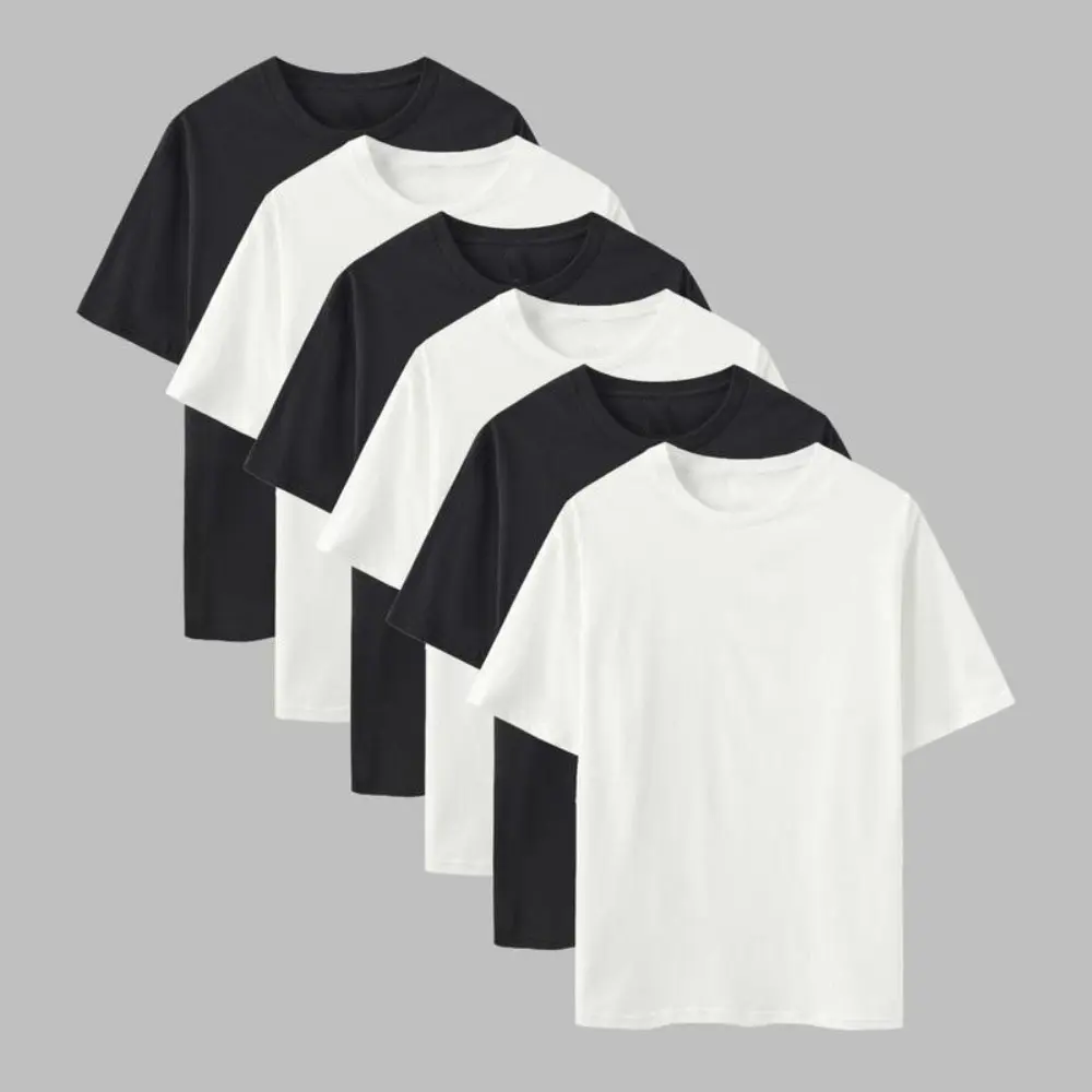 Men's Unisex 6-Pack Crew (Round) Neck Short-Sleeve Top, Preshrunk 100% Cotton Classic Fit Casual Streetwear, Options: All Black (Black-6pcs), All White, 3x Black & 3x White, Medium