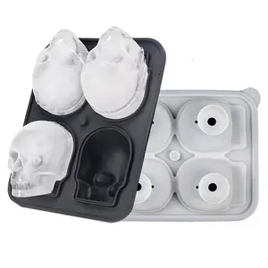 Extra Large 3D Skull Ice Cube Tray with Clear Funnel, Easy Release Silicone Mold, 4 Cute and Funny Ice Skull for Whiskey,Cocktails and Juice Beverages,Black