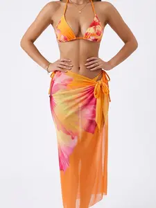 Sunkiss 3 Piece Floral Triangle Bikini Set with Long Mesh Sarong Skirt Cover Up, Halter High Cut Swimsuit for Women Tropical Island Escape & Resort Wear