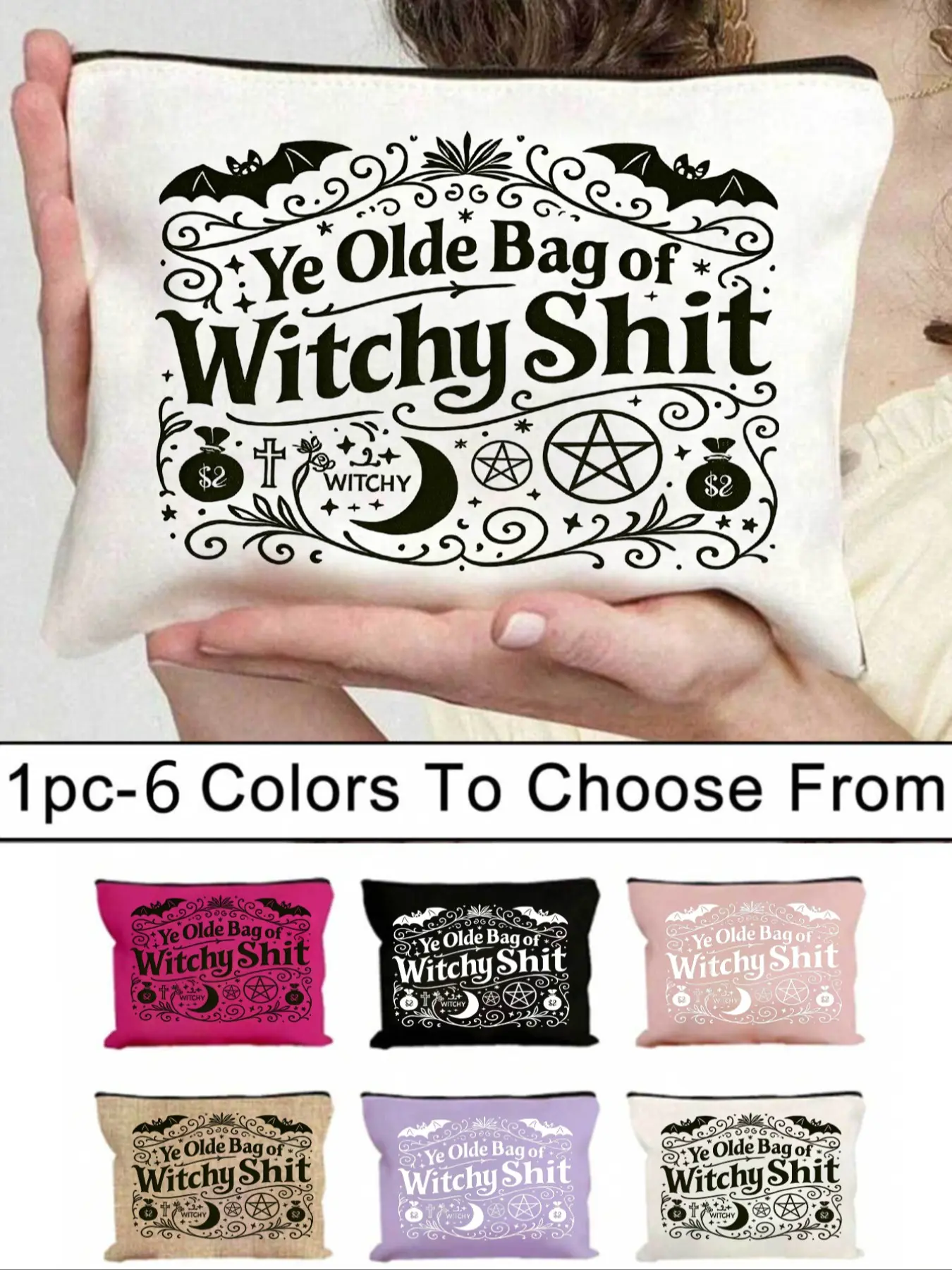 Mystical Witch Makeup Bag, Travel Cosmetic Bag, Lightweight Zipper Pouch, Portable Cosmetic Pouch, Dual-Sided Design, Crescent Moon and Stars, Durable Polyester Travel Washbag