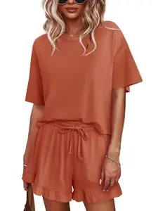 Tankaneo Womens Pajamas Set Lounge Sets Cropped Short Sleeve T Shirts Drawstring Ruffle Shorts Soft Sleepwear Womenswear Pjs