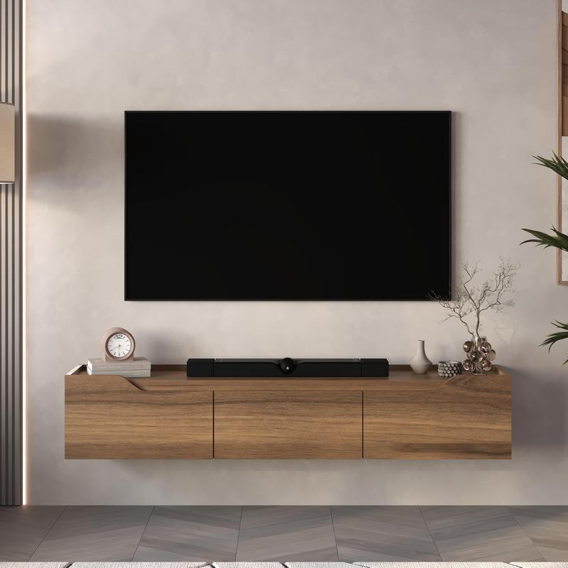 Atelier Mobili Walnut Floating TV Stand for 75 Inch TVs - Modern Entertainment Center with Cable Management for Living Room