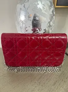 Pre-owned Christian Dior Patent Leather Crossbody Bags Lady Dior Crossbody with Chain Cherry Red Patent Cannage Calfskin