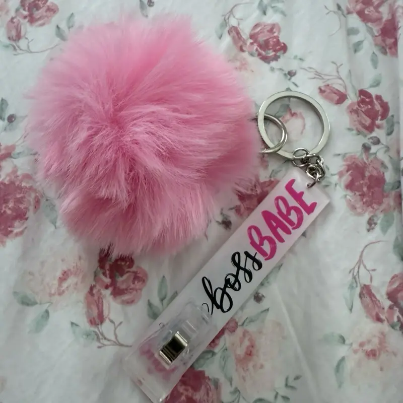 Babe Boss Card Holder for My Long Claw Girlies - Cute Pink White Pom Pom Keychain with "Babe" Text