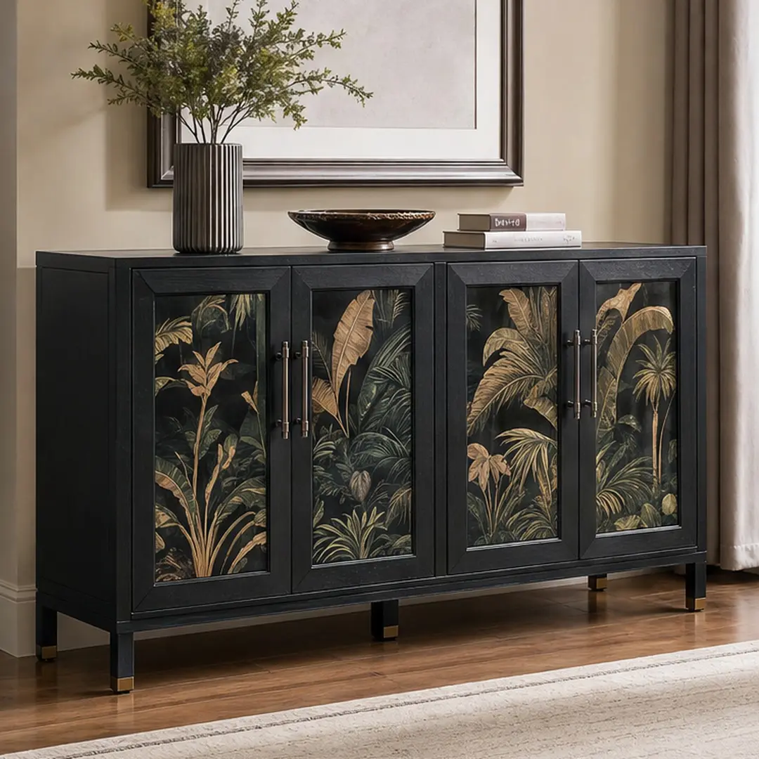 ARCH 60.3in Black American Retro Buffet Cabinet - 4-Door Glazed Art Storage Unit Sideboard, Classic Retro/Multi-Compartment/Decorative Metal Sideboard, Wood-Metal-Glass, for Dining Room Living Room, Classic Retro Sideboards, Multi-Compartment System Sideb