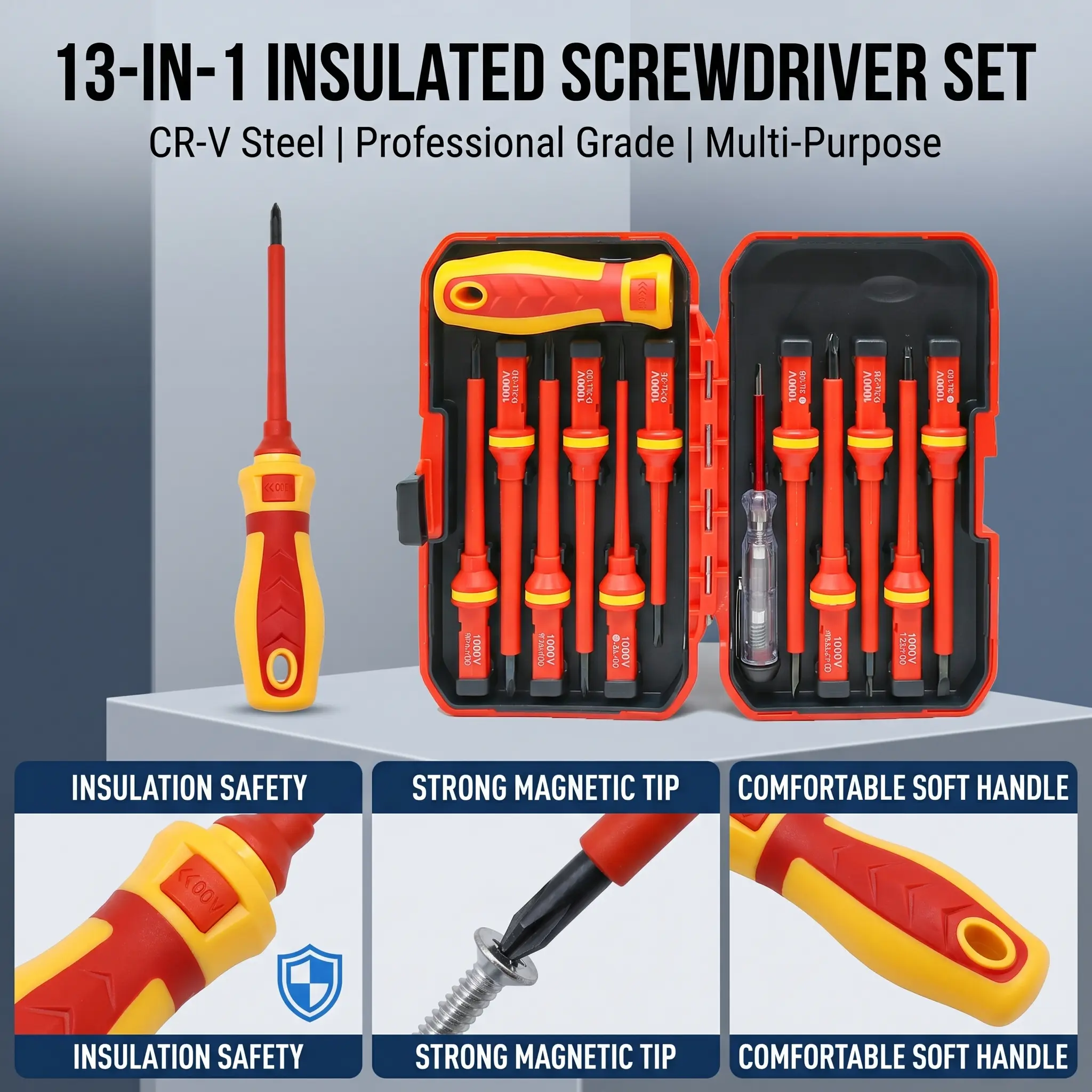 13-in-1 Multi-Tool Screwdriver Set - 1000V Insulated CR-V Steel, Replaceable Blades, Magnetic Tips, Storage Box, Bits & Precision Screwdriver Sets for Professional Electrical Repair, Home DIY, 13-In-1 Multi-Tool Screwdriver Sets