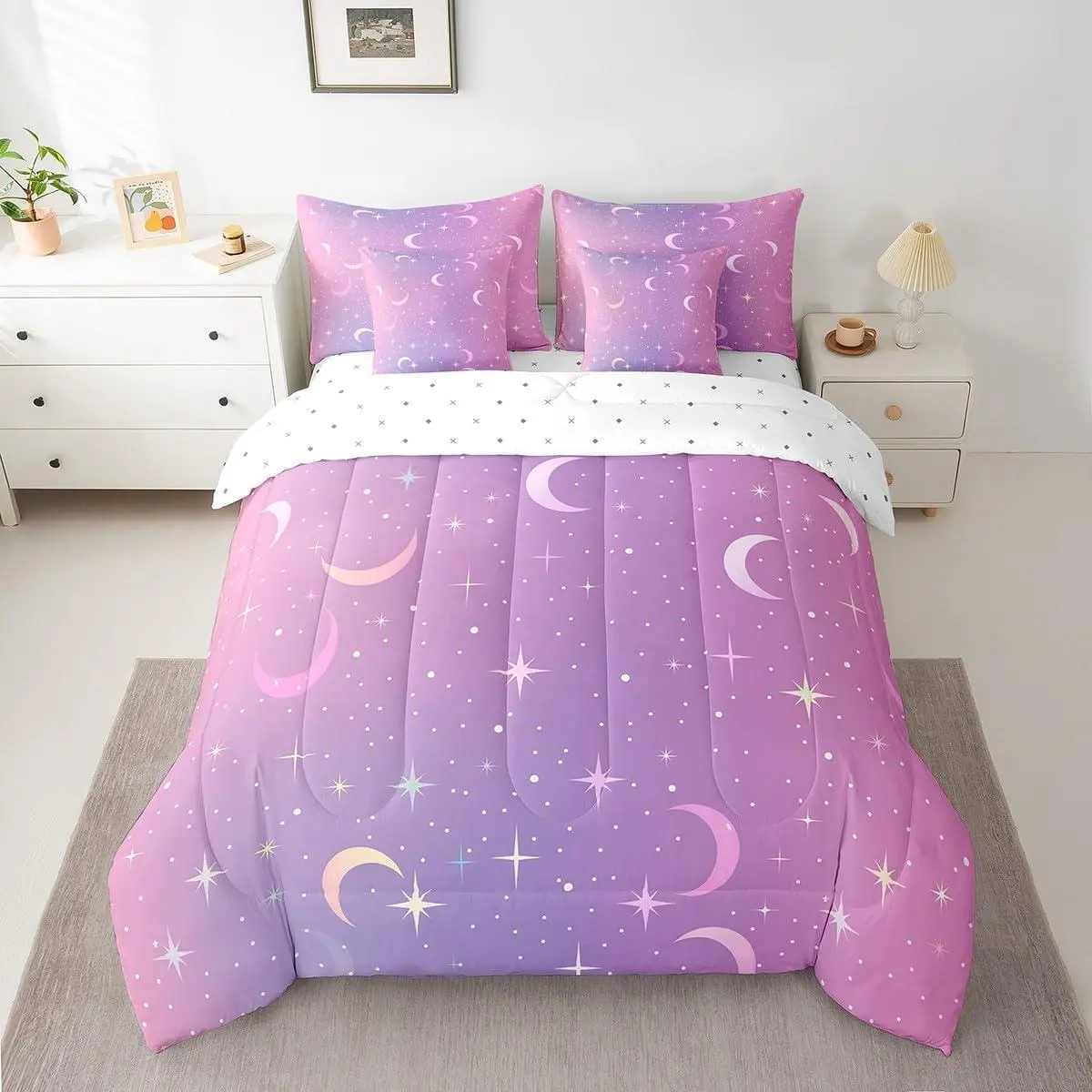 Star and Moon 7 Pieces Bedding Set Night Sky Comforter Set with Sheets Purple and Pink Bed Set Bed in a Bag with Comforter,Sheets,Pillowcases & Cushion Covers