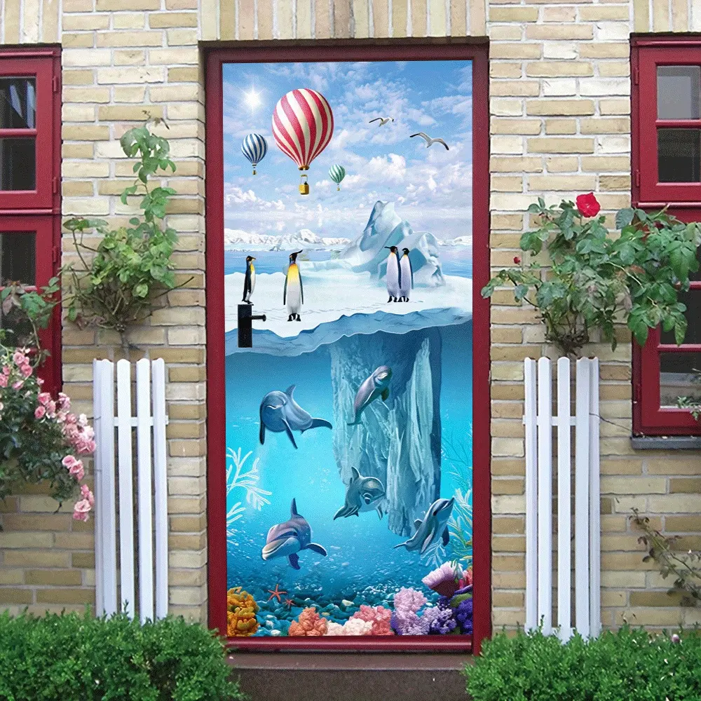2pcs Antarctic Penguin and Deep Sea Dolphin Theme Wall Stickers Kids Room Bedroom Living Room Decor Self Adhesive Removable Cartoon Animal Marine Life Murals Hot Air Balloon Iceberg Scene Wall Decals