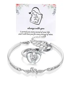 Angel Mom Memorial Jewelry Set, Baby Footprint Wings Heart Bracelet and Ring, Gift for Bereaved Mothers, Mother's Day Keepsake