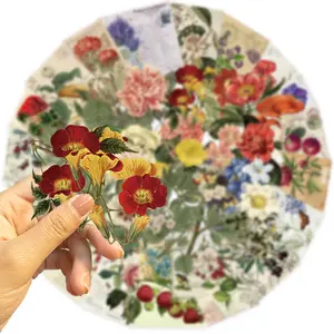 50 pieces of transparent border vintage plant and flower series stickers for DIY decoration of planners and phone cases, waterproof PET decal stickers pack