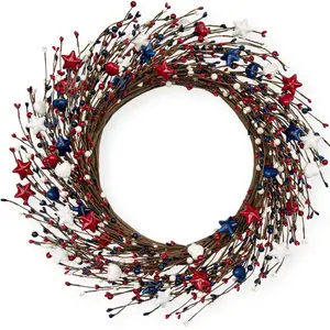 Artificial Red White and Blue Wreath 20 Inches Patriotic Wreaths for Front Door 4th of july wreath with Berry Star for Farmhouse Americana Independence Memorial Day Home Porch Outside