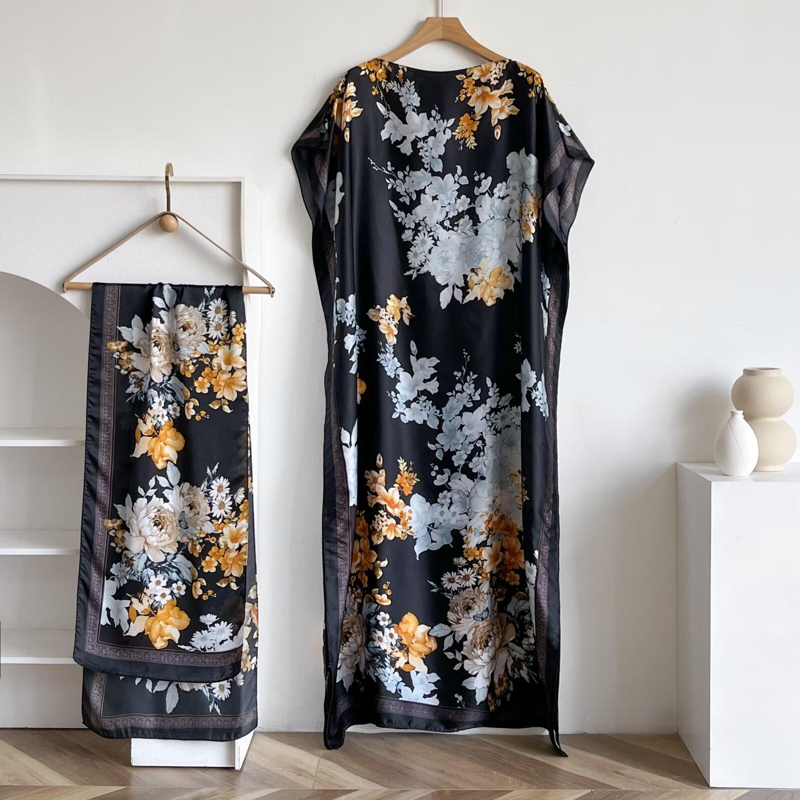 Women's Long Shawl Set Floral Print Robe Set with Shawl Collar Dress, Long Scarf Headband