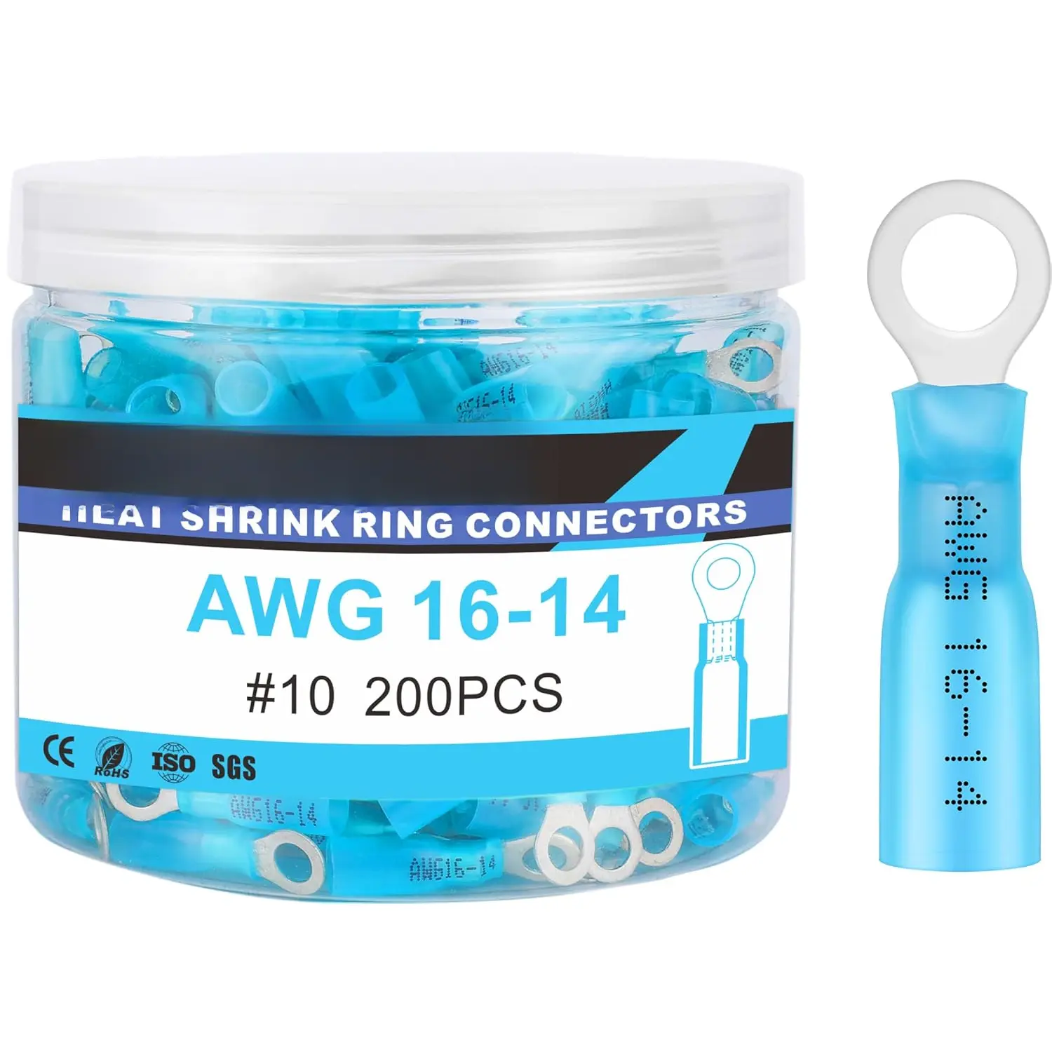 200 count Heat Shrink Ring Terminals #10 Marine Grade Wire Connectors Blue AWG 16-14 Gauge, Tinned Red Copper 0.7mm Resistant Ring Connectors, Brazed-Seam Insulated Electrical Crimp