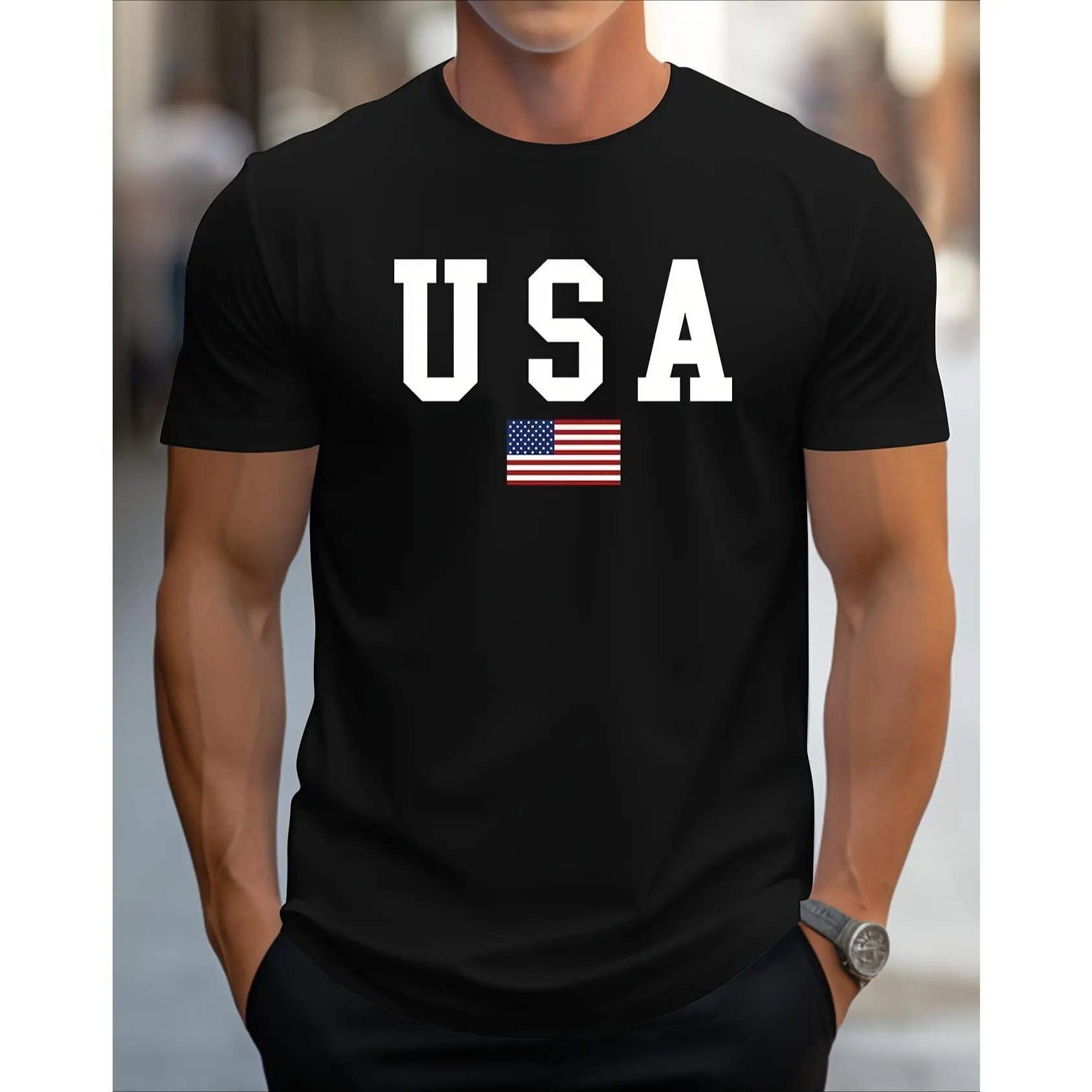 Men's Patriotic USA Flag Print T-Shirt -   Crew Neck Short Sleeve, Slight Stretch Knit Fabric, Regular Fit All-Season Comfort