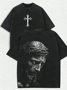 Men's Vintage Classic Cultural Jesus Pattern Cotton Breathable Short Sleeve T-Shirt, Casual Loose Fit Round Neck Tee, Daily Wear Street Style, All Seasons