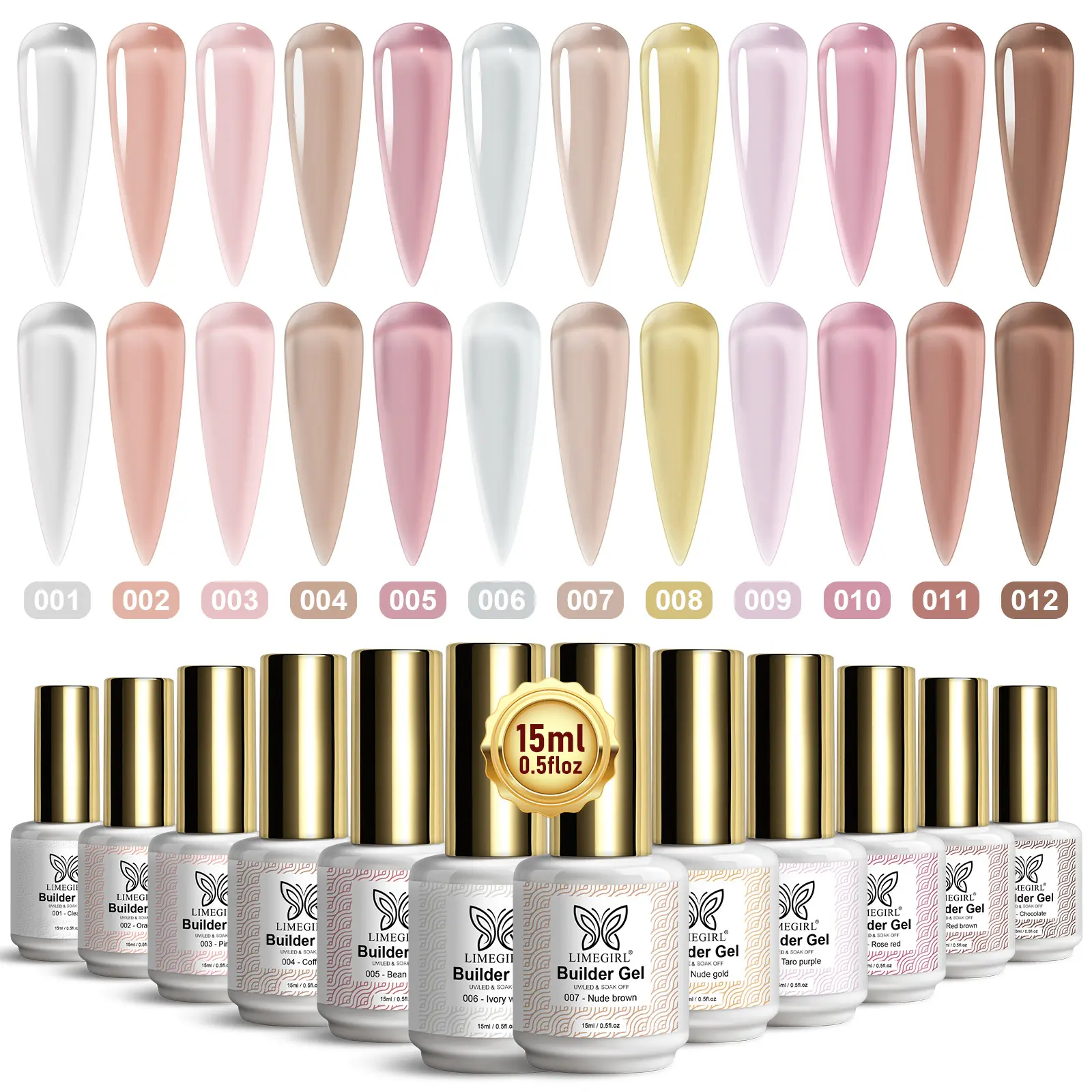 LIMEGIRL Builder Gel Set 6Color 15ML for Nail Extension Long Lasting Quick Building UV Gel Soak Off Nail Art Design DIY Nail Salon Kit