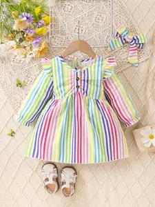 Girls Rainbow Striped Sleeveless Dress, Sweet Fresh Style, Front Pleated Button, Bell Sleeves, Bow Hair Accessory, 1-5 Years, Striped Pattern Dress