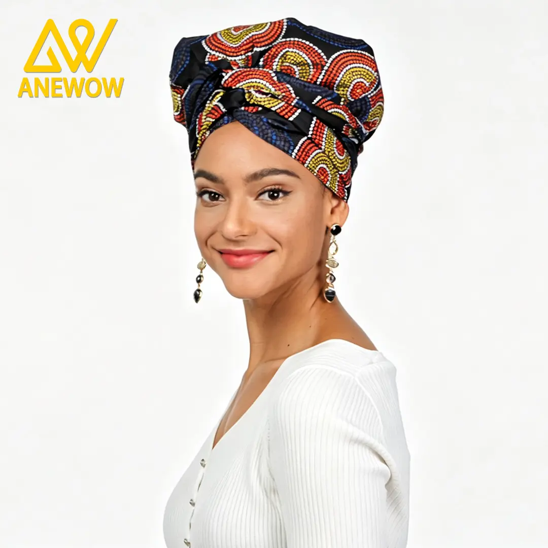 ANEWOW Deep Blue White Polka Dot Ankara Satin-Lined Turban Headwrap, Casual Daily Stretch Polyester Clothes Accessory