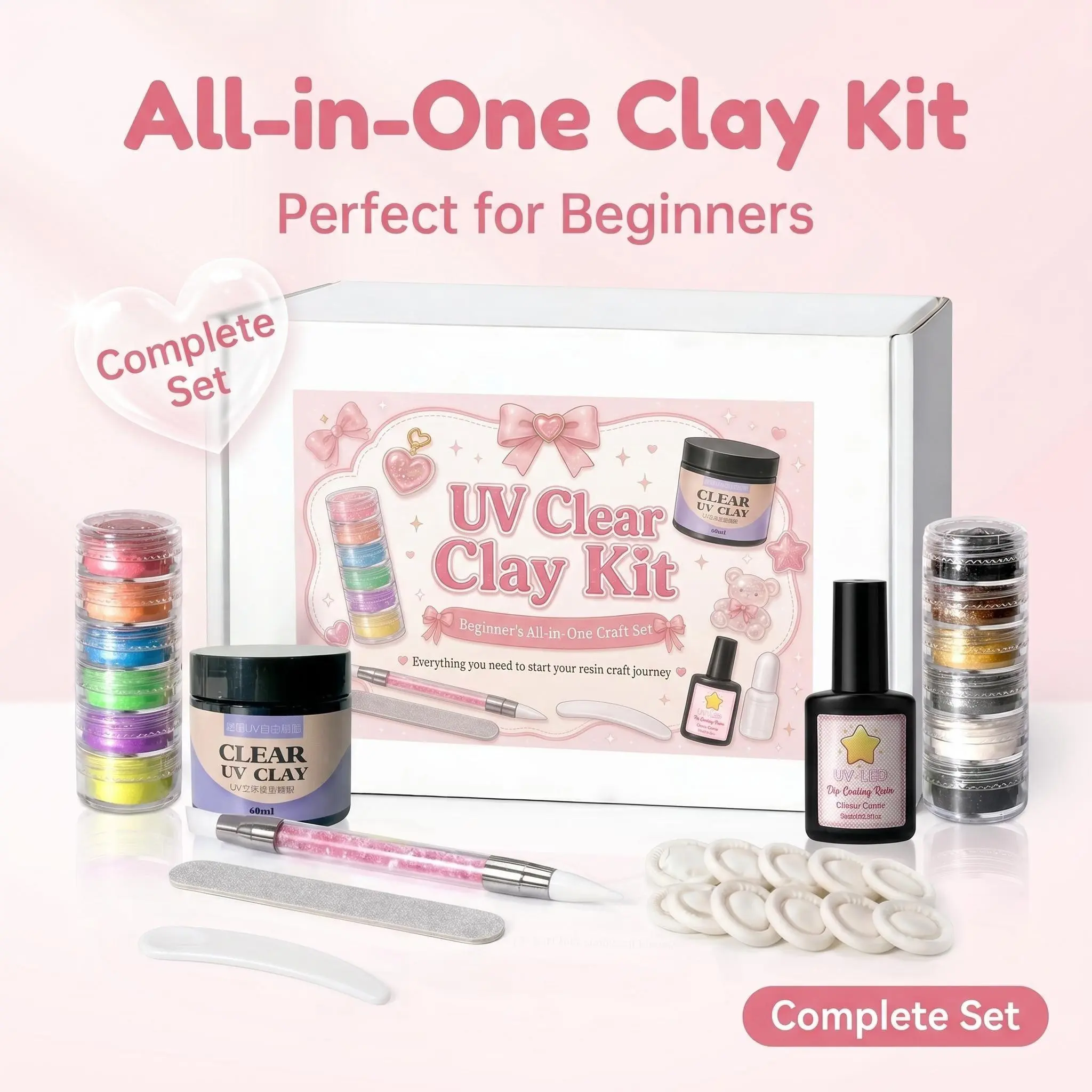 UV Clear Clay Kit - All-in-One Beginner Resin Craft Set with Tools, Glitter, Accessories & Jewelry Making Supplies for DIY Jewelry Making, Beading Making, Pendants & Charms, Handmade Gifts, Jewelry Making Kits (UV Lamp Not Included)