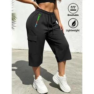 Women's Spring & Summer Solid Color Cargo Capri Pants, Elastic Drawstring Waist, Multi-Color Zipper Design, Large Capacity Pockets, Ideal for Outdoor Leisure, Sports and Daily Fashion Wear