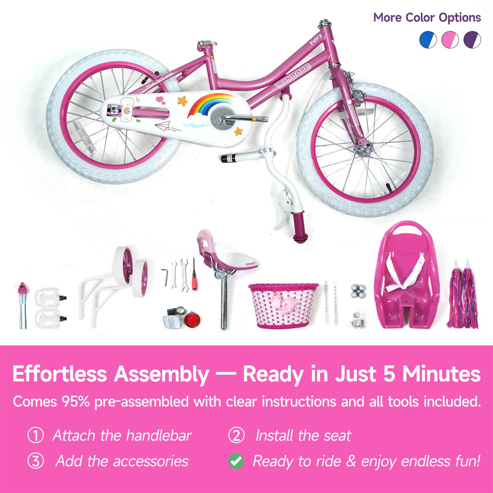 WinHope Little Fairy Children's Bicycle Ages 2–9 | 12–18 inch with training wheels, front basket, doll seat, handlebar ribbon | 95% preassembled, dual brakes, adjustable seat/handlebar