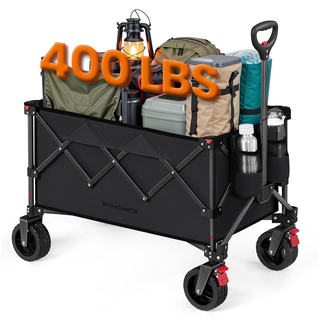 SONGMICS Folding Camping Wagon, Collapsible with Handle, Holds up to 475 lb, 4 Removable Wheels, Utility Garden Cart for